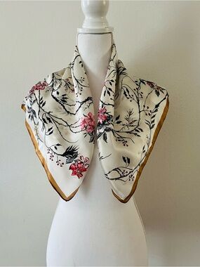 100 %Floral Silk Satin Scarf - Cream with Pink Flowers 26/26 inches